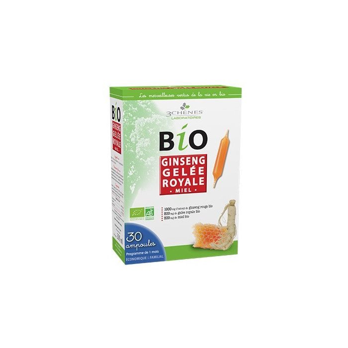 3 CHENES BIO GINSENG GELEE ROYALE MIEL 30 AMPOULES