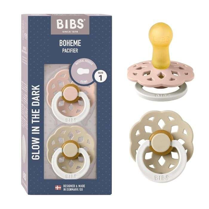 BIBS BOHEME PACIFIER NATURAL RUBBER ROUND SIZE 1 PACK DE 2 GLOW IN THE DARK BLUSH GLOW ET VANILLA GLOW