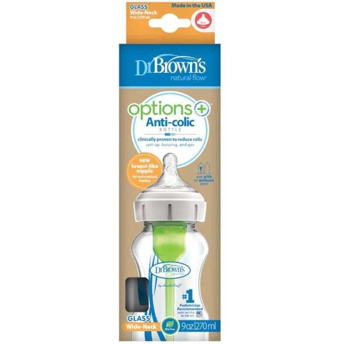 DR BROWNS BIBERON EN VERRE OPTIONS + ANTI COLIC COL LARGE 270 ML 0 M+