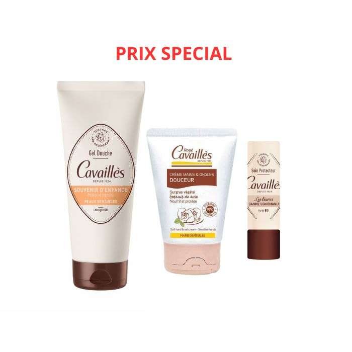 ROGE CAVAILLES PACK GEL DOUCHE SOUVENIR D'ENFANCE 200ML + CREME MAINS DOUCEUR 50ML + BAUME LEVRES GOURMAND