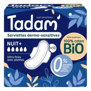 TADAM 10 SERVIETTES DERMO SENSITIVES NUIT + COTON BIO ULTRA FINE AVEC AILETTES